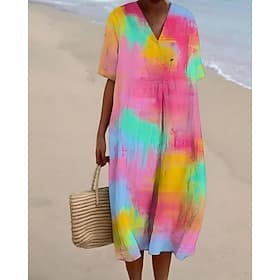 Women's Midi Dress Sundress A Line Dress Vacation Casual Beach Beach Party Loose Fit Graphic Geometric Short Sleeve V Neck Pink Orange Rainbow Summer Spring Fa