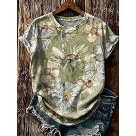 Women's T Shirt Print Floral Graphic Plants Fashion Stylish Classic Short Sleeve Crew Neck Regular Tops Casual Daily Weekend Light Green Beige Summer Spring