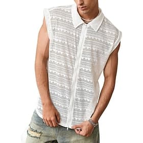 Men's Shirt Casual Shirt Jacquard Shirt White Sleeveless Plain Shirt Collar Casual Daily Zip Up Clothing Apparel Elegant Fashion Casual