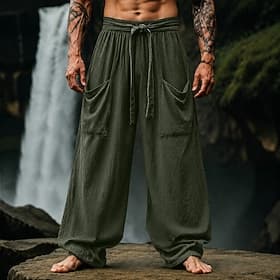 Men's Linen Pants Summer Pants Baggy Pants Elastic Cuff Plain Comfort Breathable Full Length Casual Daily Outdoor Vacation Vintage Army Green Red Inelastic
