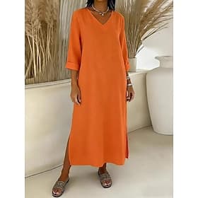 Women's Midi Dress Shift Dress Casual Dress Summer Dress Basic Classic Daily Vacation Loose Fit Plain 3/4 Length Sleeve V Neck Pink Navy Blue Orange Light Blue