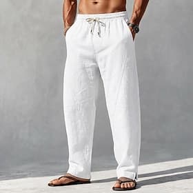 Men's Linen Pants Summer Pants Harem Pants Drawstring Elastic Waist Plain Comfort Breathable Full Length Casual Outdoor Holiday Vacation Fashion Black White In