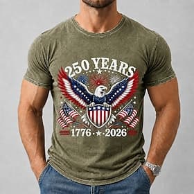 4 juli 2026 250e Voor heren Adelaar Amerikaanse vlag Acid Wash-shirt Zwaargewicht T-shirt Korte mouw T-shirt DTG Strakke ronde hals Overhemd Vaderlandslievend thumbnail 2