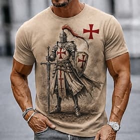 Voor heren Tempeliers Kruis T-shirt Korte mouw T-shirt 3D-afdrukken Strakke ronde hals Overhemd Religieus Straat Donkere partij Zwart Bordeaux Khaki Alle seizo thumbnail 2