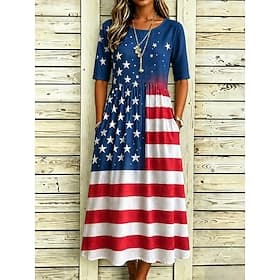 American Independence Day Women's Midi Dress Shift Dress Vacation Casual Holiday Regular Fit Graphic Flag Half Sleeve Crew Neck Blue Red Summer Spring