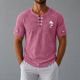 SoftFade™ Heren Polo Shirts 100% Katoen Acid Wash Shirt Casual Vakantie Kraagloos Schouderlange Mode Basis Palm Boom Knoppen Vintage Zomer Lente Blauw Roze Gro thumbnail 2