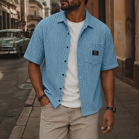 Men Shirt Casual Shirt Corduroy Shirt Button Up Shirt Black White Light Blue Short Sleeve Plain Vertical Stripes Shirt Collar Casual Daily Front Pocket Clothin