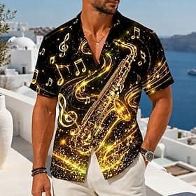Men's Music Musical Instrument Saxophone Shirt Button Up Shirt Camp Collar Shirt Short Sleeve Vintage Retro Music Festival Holiday Summer Spring Cuban Collar 3