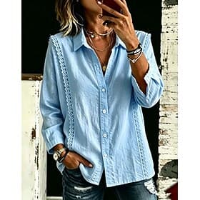 Mulheres Camisa de renda Blusa Guarnição do laço Côr Sólida Tecido Elegante Boêmia Manga Longa Lapela Tops regulares Branco Azul Céu Violeta Verão Primavera