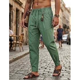 Men's Trousers Casual Pants Drawstring Elastic Waist Plain Comfort Soft Full Length Casual Daily Outdoor Fashion Streetwear Khaki Black Micro-elastic