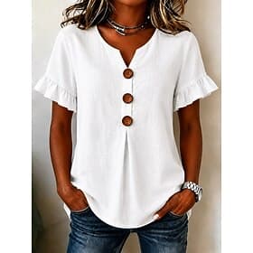 Women's Cotton Linen Blouse Ruffle Buttons Solid Color Daily Casual Sleeveless 3/4 Length Sleeve Flutter Sleeve V Neck Long Tops Casual Daily Beach Blue White
