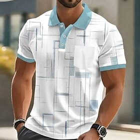 Men's Geometic Polo Shirts Short Sleeve Polo Shirts Collared Shirts Business Casual Outdoor Athleisure Daily Wear 3D Print Buttons Spring  Summer Blue Red Navy