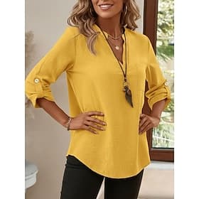 Women's Cotton Linen Shirts Summer Tops Blouse Dressy Tops Ruched Patchwork Pocket Solid Color Plain Elegant Vintage Ladies 3/4 Length Sleeve Shirt Collar Regu thumbnail 2