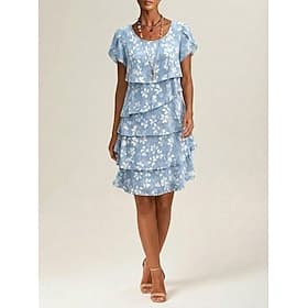 Femmes Robe Longueur Genou Robe en Chiffon Robe Fleurie Élégant Mode Moderne Vacances Soirée Week-end Coupe régulière Fleuri Manche Courte Col ras du cou Bleu thumbnail 3