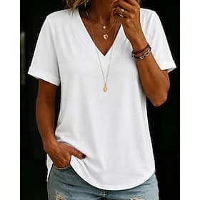 Women's T Shirt Tee Top Solid Color Stylish Short Sleeve V Neck Regular Tops Casual Daily blue-green White Pink Summer Spring
