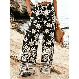 Women's Wide Leg Chinos Casual Pants Pants Trousers Vacation Fashion Boho Full Length Mid Waist Plants Pocket Elastic Waist Print Comfy Comfort Breathability I