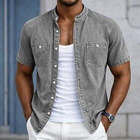 SoftFade™ Men's Shirt Casual Shirt Faded Shirt Garment Dyed 100% Cotton Acid Wash Shirt Blue Black Pink Purple Green Short Sleeve Plain Grandad Collar Casual D