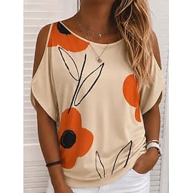 Women's Cold Shoulder Tops T Shirt Summer Tops Tee Floral Graphic Elegant Tropical Cute Short Sleeve Round Neck Regular Tops Casual Daily Beach Red Orange Summ