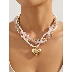 Mehrlagige Damenkette mit Imitationsperlen, rosa Steinen und Goldperlen, elegantes Choker-Anhänger-Design für Alltag, Urlaub, Gartenpartys und halbformelle Anl