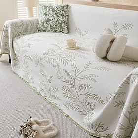 Cooling Ice Silk Sofa Cover with Botanical Pattern - Non-Slip Full-Coverage Furniture Protector - Machine Washable Stain-Resistant Couch Throw for Armrest Ba