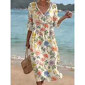 Women's Maxi Dress Shift Dress Sundress Summer Dress Vacation Party Casual Daily Beach Party Loose Fit Floral Graphic 3/4 Length Sleeve V Neck Light Yellow Whi
