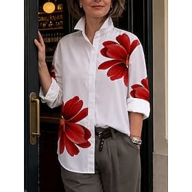 Women's Shirt Buttons Print Floral Graphic Elegant Vintage Tropical Long Sleeve Shirt Collar Regular Tops Casual Daily Work Blue Red Orange Summer Spring Fall