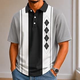 Men's Diamond Pattern Bowling Shirt Polo Shirts Short Sleeve Polo Shirts Lapel Casual School Athleisure Wear to work Holiday 3D Print Buttons Breathable Mesh S