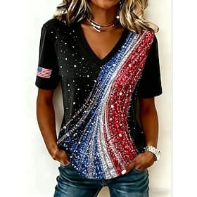 American Independence Day Women's T Shirt Print Graphic Letter American Flag Vintage Stylish Classic Short Sleeve V Neck Regular Tops Casual Daily Black Navy B