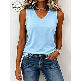 Women's Tank Top Plain Vintage Stylish Classic Sleeveless V Neck Regular Tops Casual Daily Blue Summer Spring thumbnail 2