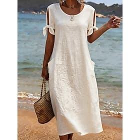 Women's Midi Dress Shift Dress Casual Dress Summer Dress Basic Classic Daily Vacation Loose Fit Plain Short Sleeve Crew Neck Beige Summer Spring