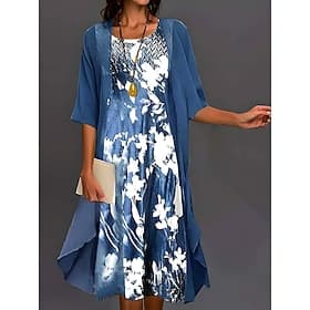 Women's Graduation Dress Midi Dress Chiffon Dress Shift Dress Elegant Party Formal Vacation Wedding Guest Loose Fit Floral Half Sleeve Crew Neck Blue Summer Sp