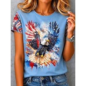 American Independence Day Women's T Shirt Print Graphic Flag Vintage Fashion Stylish Short Sleeve Crew Neck Round Neck Regular Tops Casual Daily Weekend Blue W