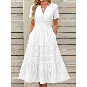 Women's Midi Dress Casual Dress A Line Dress Summer Dress Basic Classic Daily Vacation Regular Fit Plain Short Sleeve V Neck Black White Yellow Pink Summer Spr