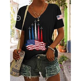 American Independence Day Women's T Shirt Print Graphic Letter American Flag Vintage Stylish Classic Short Sleeve V Neck Regular Tops Casual Daily Black White thumbnail 2
