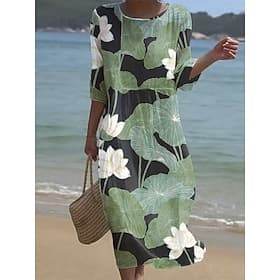 Women's Midi Dress Shift Dress Sundress Vacation Casual Beach Beach Going out Loose Fit Floral Graphic 3/4 Length Sleeve Crewneck Navy Blue Green Summer Spring