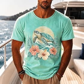 Camiseta masculina floral tartaruga coqueiro 100% algodão com lavagem ácida, camiseta de manga curta, camiseta com estampa DTG, gola redonda, estilo havaiano, thumbnail 2