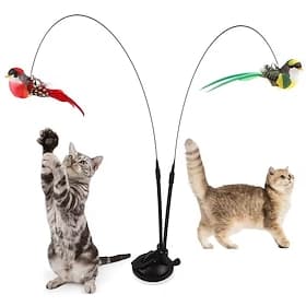 Interactive Cat Teaser Wand Set with Realistic Birds, Handfree Long PoleDouble Rod, Bell And Strong Suction Cup for Active Play
