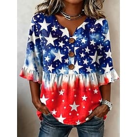 Amerikaanse onafhankelijkheidsdag Dames Blouse Lapwerk Knop Afdrukken Grafisch Amerikaanse vlag Vintage Stijlvol Halve mouw V-hals Normale tops Casual Dagelijk thumbnail 2