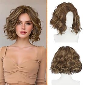 Brown Bob Wig for Women Lace Front Hairline Short Soft Wavy Curly Natural Looking Middle Part Synthetic Hair Wigs for Daily Party, 11 Inch Blonde Mixed Brown