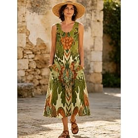 Women's Midi Dress Shift Dress Vacation Casual Boho Holiday Regular Fit Graphic Geometric Sleeveless U Neck Dusty Blue Green Summer Spring