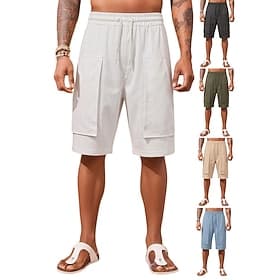 Hombre Pantalón corto Pantalones cortos de lino Pantalones cortos de verano Pantalones cortos de playa Correa Cintura elástica Plano Comodidad Transpirable Lon thumbnail 4