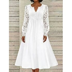 Women's Midi Dress Lace Dress White Dress Summer Dress Elegant Fashion Beach Vacation Regular Fit Plain Long Sleeve Crew Neck White Summer Spring