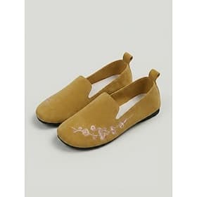 Women's Yellow Floral Embroidered Slip On Flats - Comfortable Casual Wide Fit Shoes, Breathable Lightweight Footwear for Daily Wear, Walking  Travel