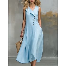 Women's Midi Dress Casual Dress Work Dress Summer Dress Basic Classic Daily Vacation Regular Fit Plain Sleeveless Shirt Collar Black Wine Dark Brown Sky Blue S
