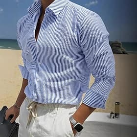 Men's Shirt Casual Shirt Seersucker Shirt Button Up Shirt Blue Black White Light Green Red Long Sleeve Striped Shirt Collar Casual Daily Buttons Clothing Appar