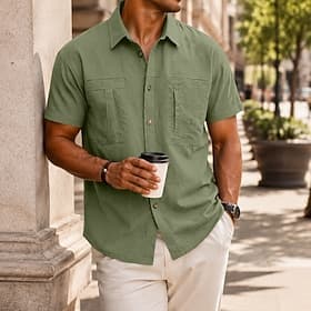 Men Shirt Casual Shirt Work Shirt Button Up Shirt Black Yellow khaki Military Green Coffee Short Sleeve Plain Shirt Collar Casual Daily Front Pocket Clothing A