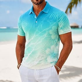 Men's Floral Hawaiian Polo Shirts Short Sleeve Polo Shirts Collared Shirts Casual Athleisure Vacation Wear 3D Print Buttons Breathable Mesh Spring Summer Blue