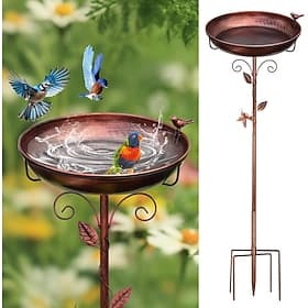 Metal Bird Bath for Outside with 2 Bird Decor, Hummingbird on Pole  Sparrow on Bowl, 98cm 38.5 Inch Height Garden Birdbath, 30cm 12 Inch Antique Bronze Freesta