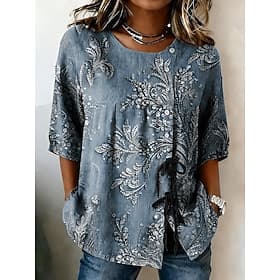 Women's Shirt Button Down Shirt Casual Shirt Paisley Elegant Bohemia Vacation Half Sleeve Crew Neck Long Tops Casual White and Blue PinkBlueRed Dusty Blue Purp