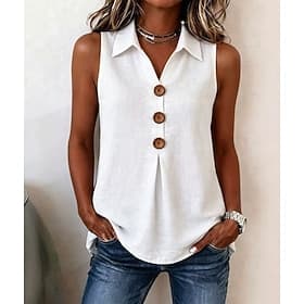 Women's 100% Cotton Blouse Pleated Buttons Solid Color Plain Daily Casual Sleeveless V Neck Regular Tops Casual Daily Blue Khaki White Red Orange Summer Spring
